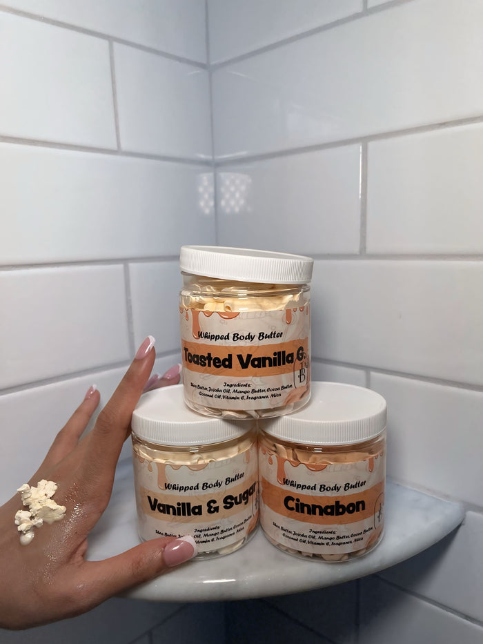 Toasted Vanilla Glow, Vanilla and Sugar, and Cinnabon body butters
