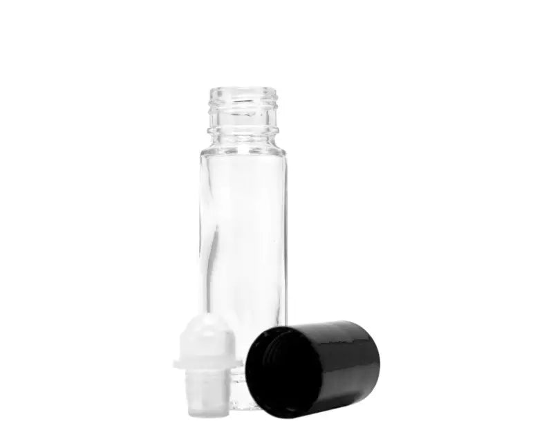 10 ml. Roll On Bottles, Clear Glass Roll On Bottles w/ Black Plastic Cap & Roller For Fragrance Oils, Essential Oils, Aromatherapy