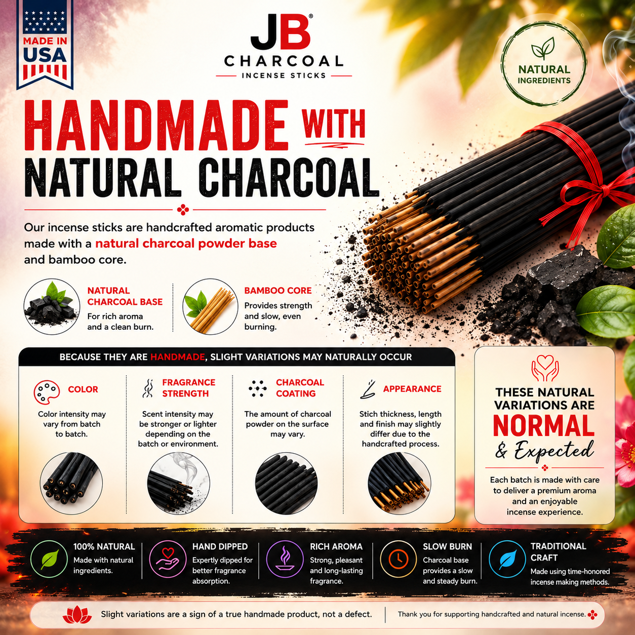100 Incense Sticks 9'' Strong Fragrance, Hand Dipped Variety Natural Charcoal