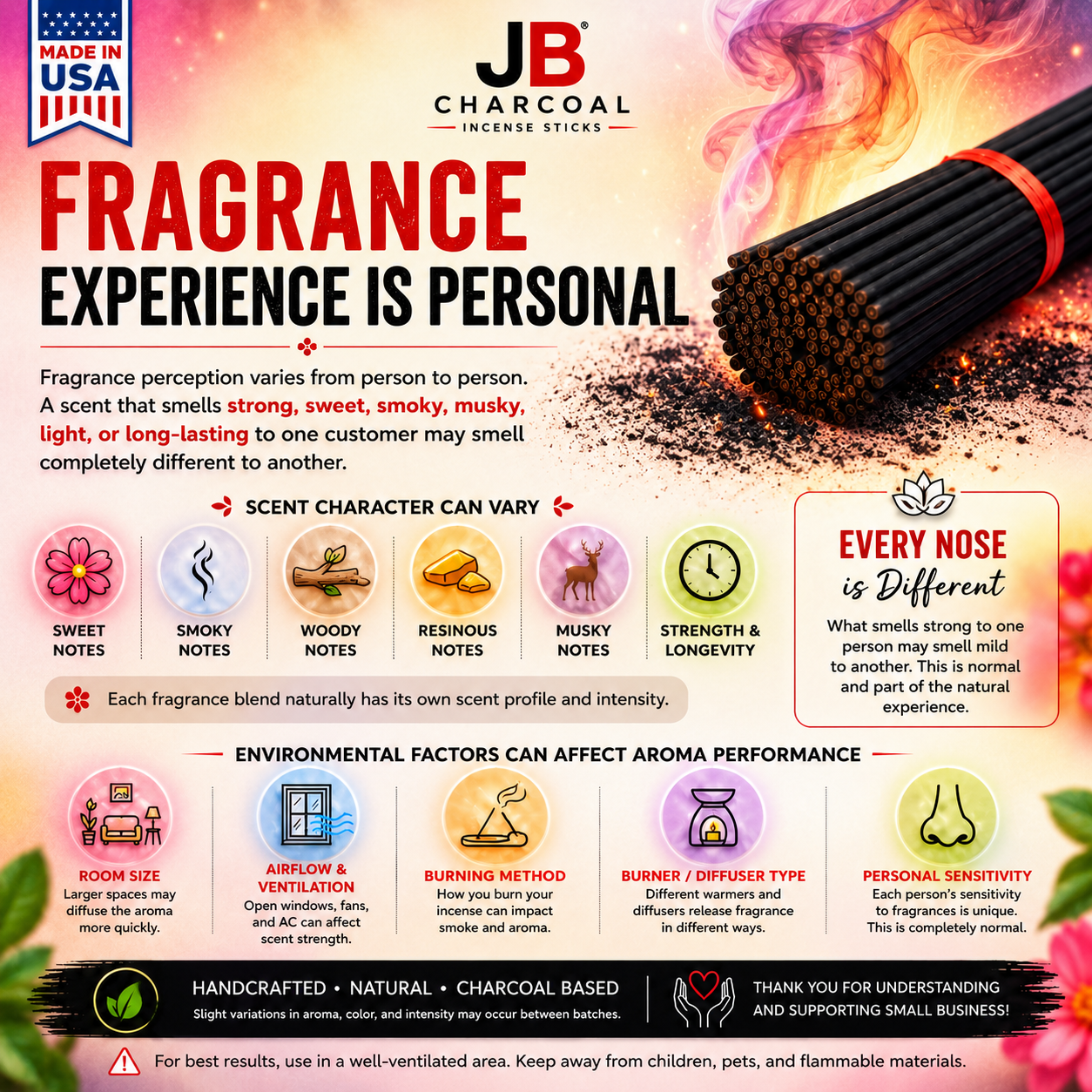 100 Incense Sticks 9'' Strong Fragrance, Hand Dipped Variety Natural Charcoal