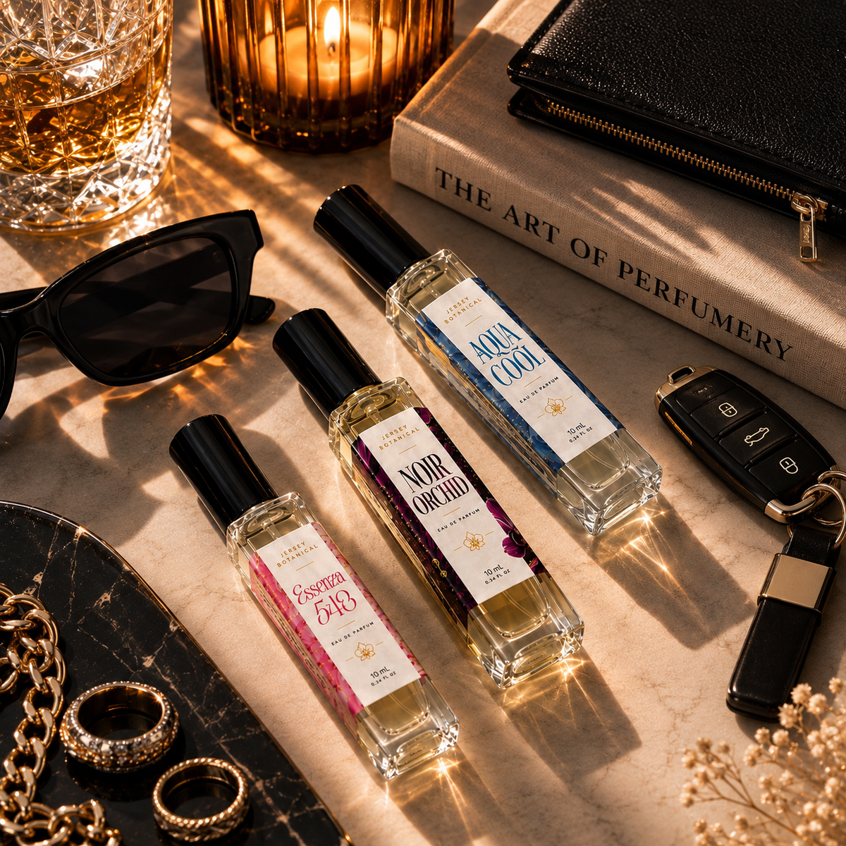 Jersey Botanical perfume collection with Essenza 540, Noir Orchid and Aqua Cool