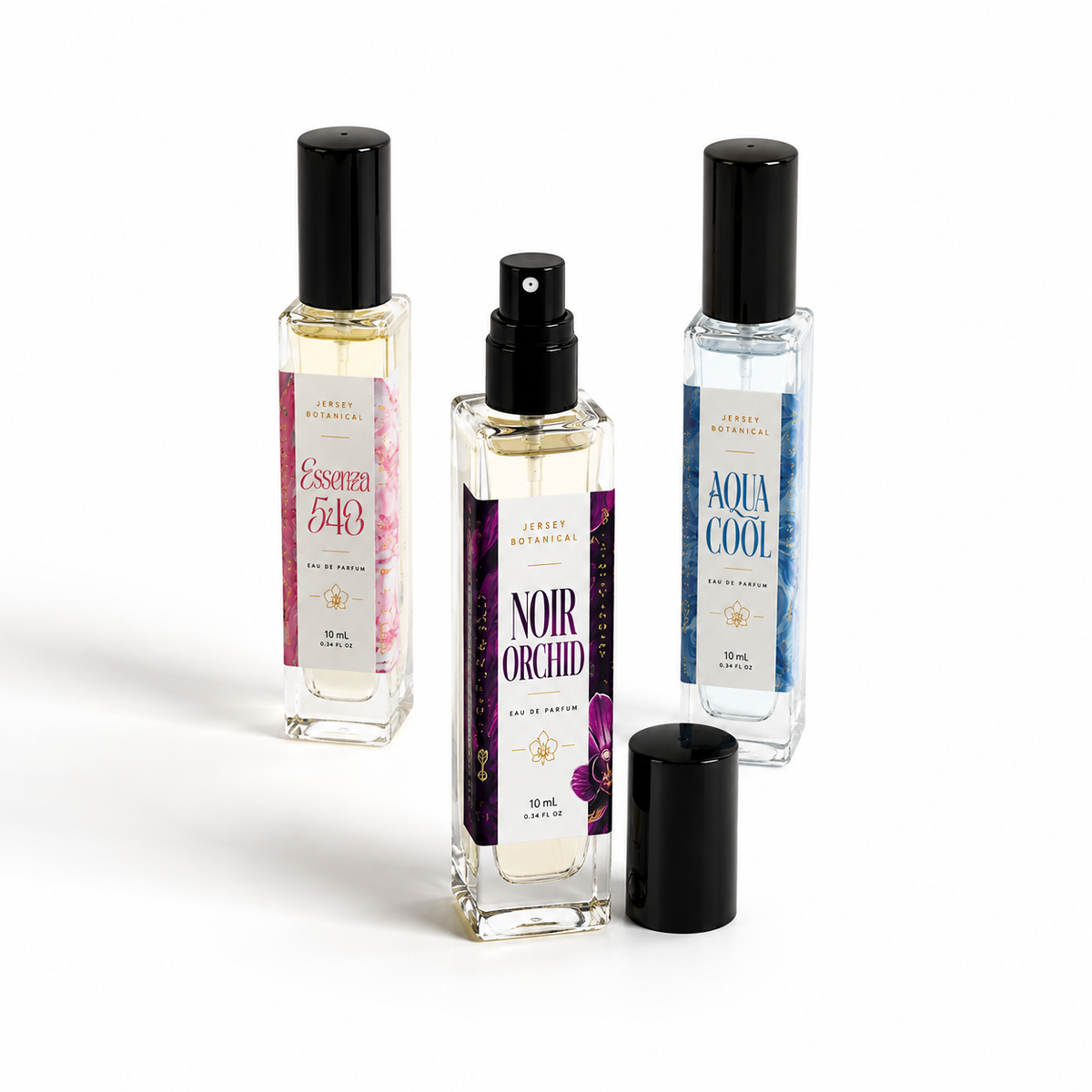 Jersey Botanical 10 mL perfume collection: Essenza 540, Noir Orchid and Aqua Cool